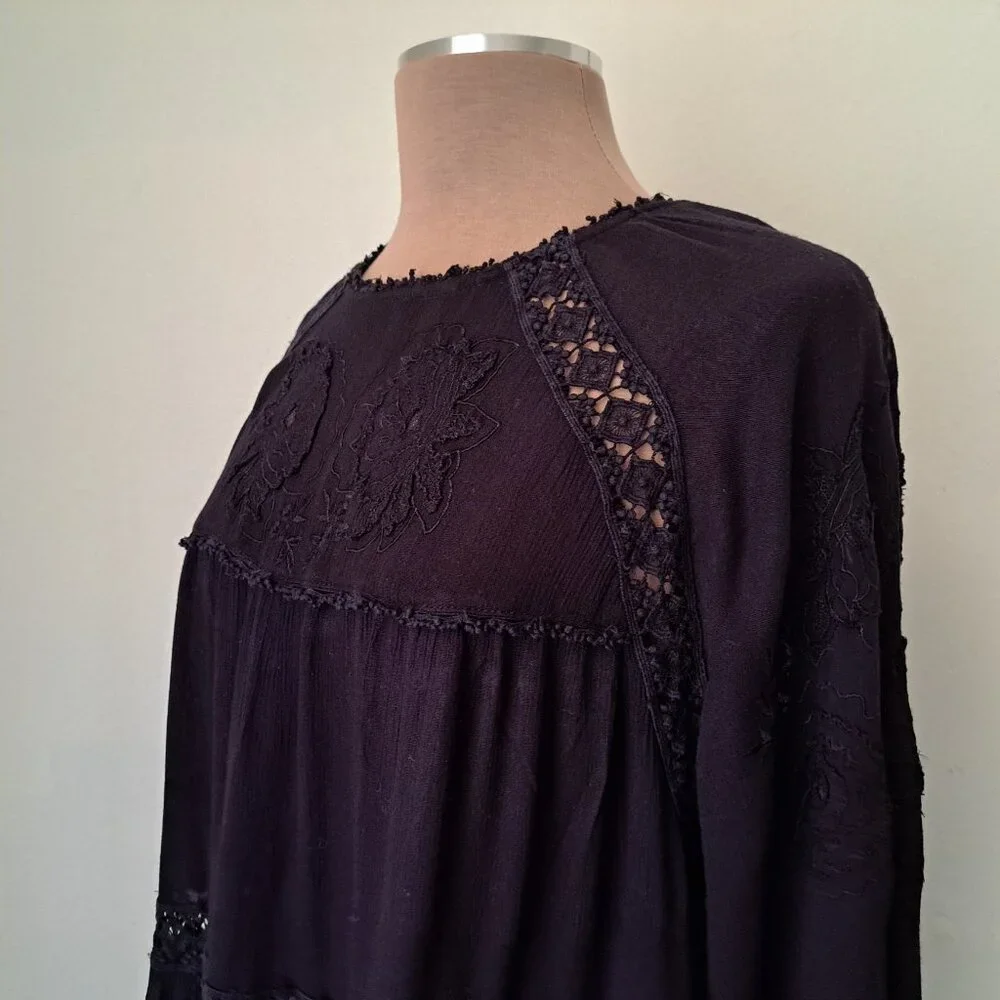 Free People Black Long Sleeve Tiered Lace Midi Dress